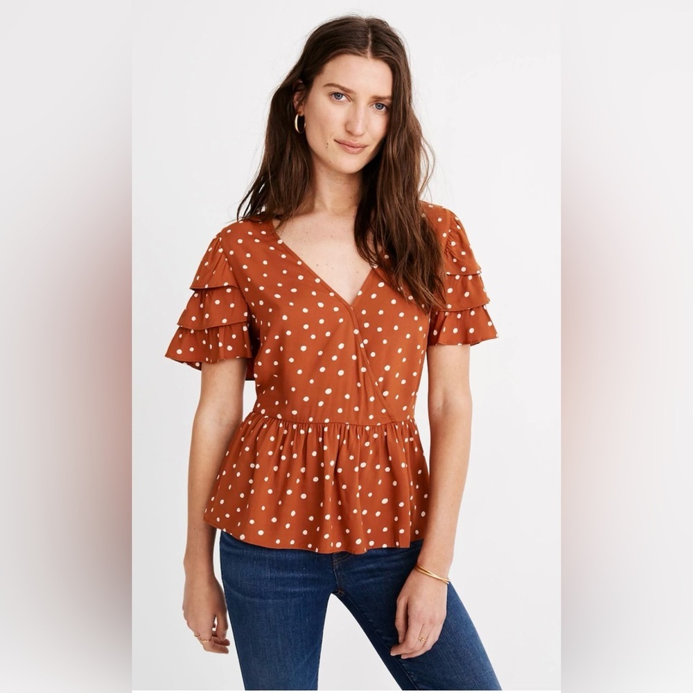 Tiered-Sleeve Peplum Top in Inkspot Dot Size 16